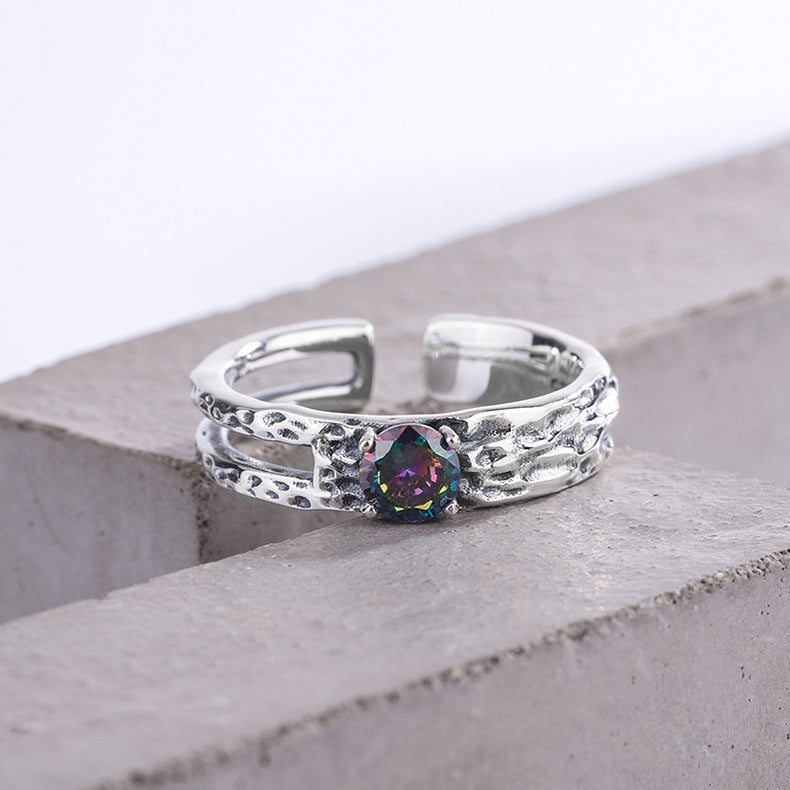 S925 Sterling Silver Colorful Zircon Hollow Irregular Texture Ring