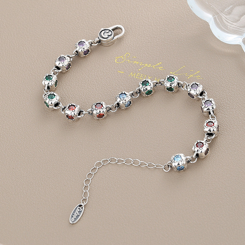 Rainbow Zircon Dice Bracelet for Women – S925 Sterling Silver Vintage Four-Sided Charm