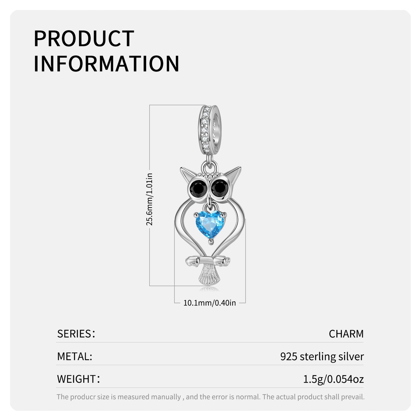 925 Silver Zirconium Blue Heart Owl Pendant Diy Beaded Bracelet Accessories