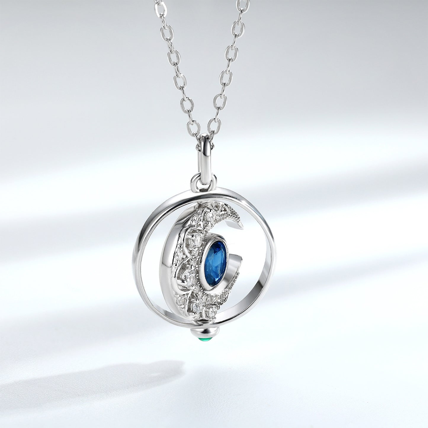 S925 Sterling Silver Natural Sapphire Rotating Moon Necklace