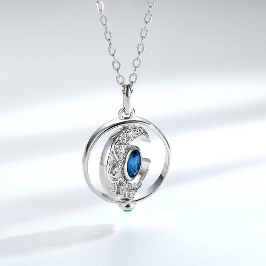 S925 Sterling Silver Natural Sapphire Rotating Moon Necklace
