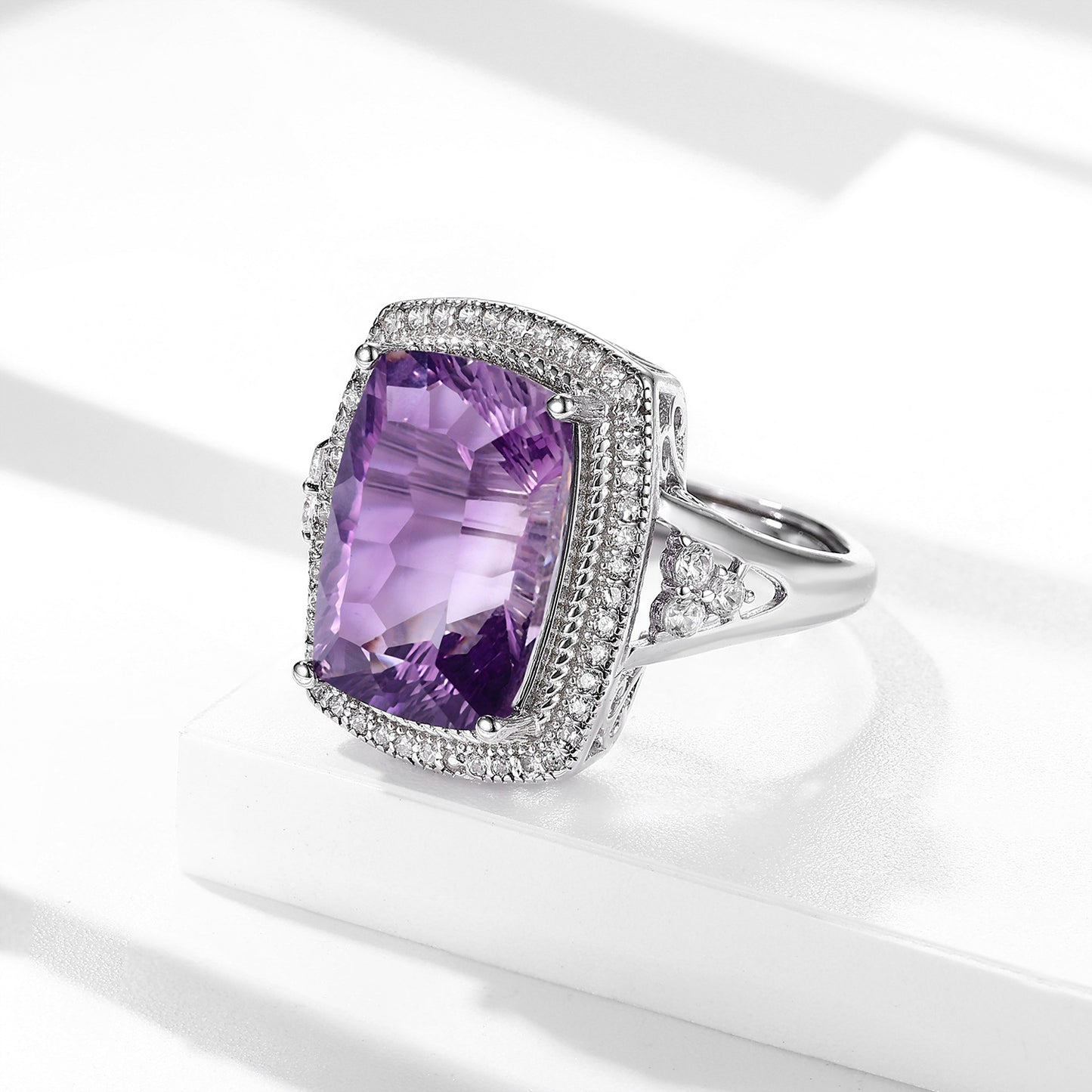 S925 Sterling Silver Natural Amethyst Cushion Cut Ring