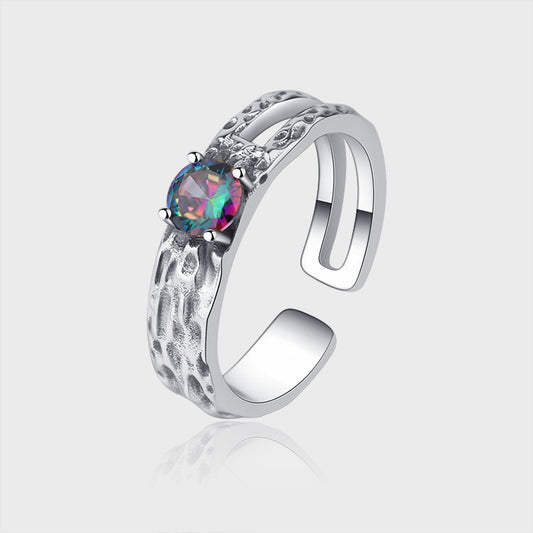 S925 Sterling Silver Colorful Zircon Hollow Irregular Texture Ring