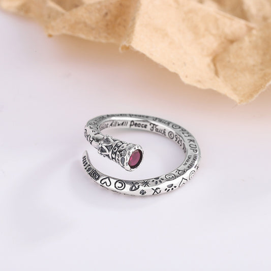 S925 Sterling Silver Heavy Industry Retro Scepter Nail Red Diamond Ring Girl