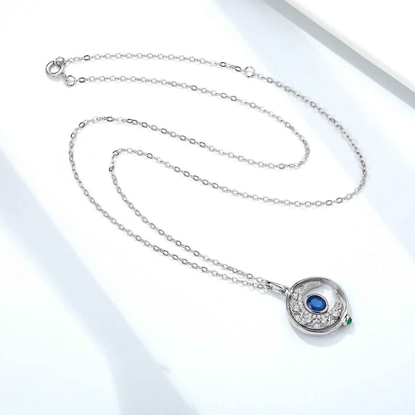 S925 Sterling Silver Natural Sapphire Rotating Moon Necklace