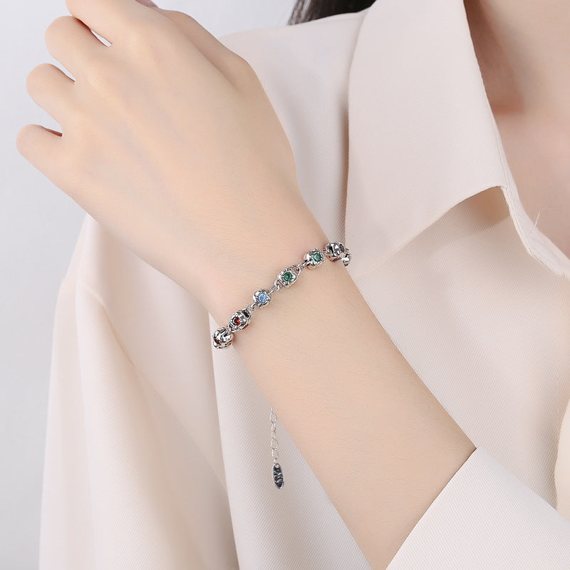 Rainbow Zircon Dice Bracelet for Women – S925 Sterling Silver Vintage Four-Sided Charm