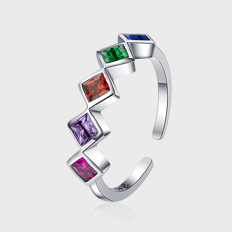 Small Design Geometric Rainbow Sterling Silver Inlaid Color Zircon Ring