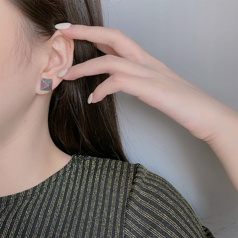 S925 Sterling Silver Pyramid Zircon Stud Earrings