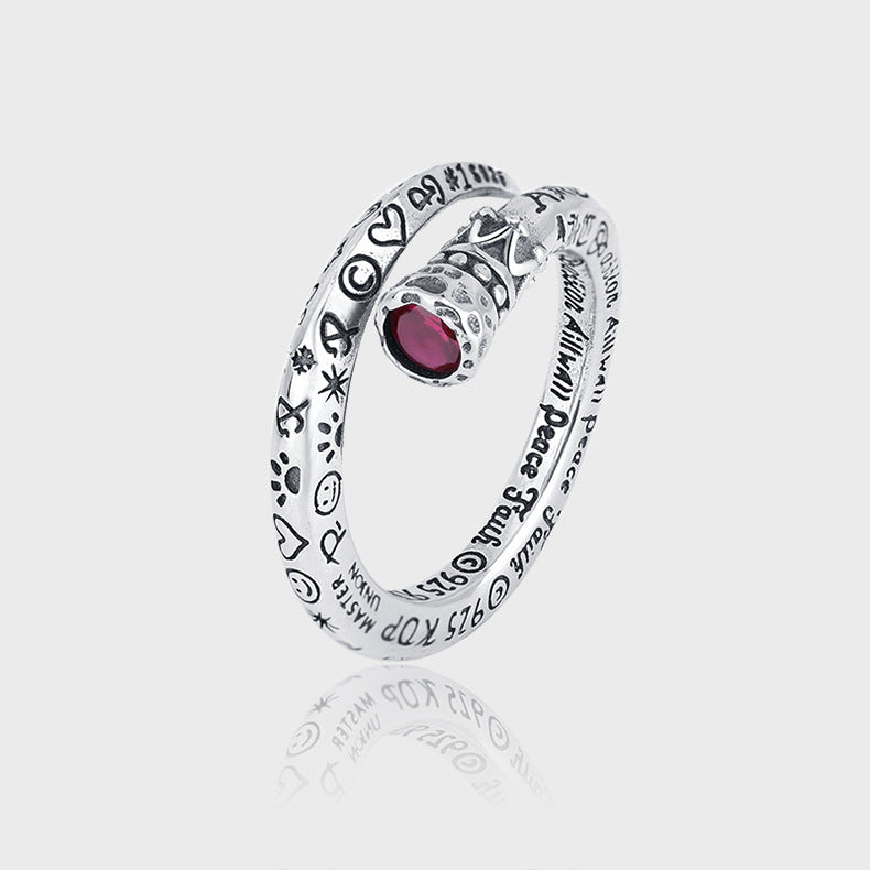 S925 Sterling Silver Heavy Industry Retro Scepter Nail Red Diamond Ring Girl