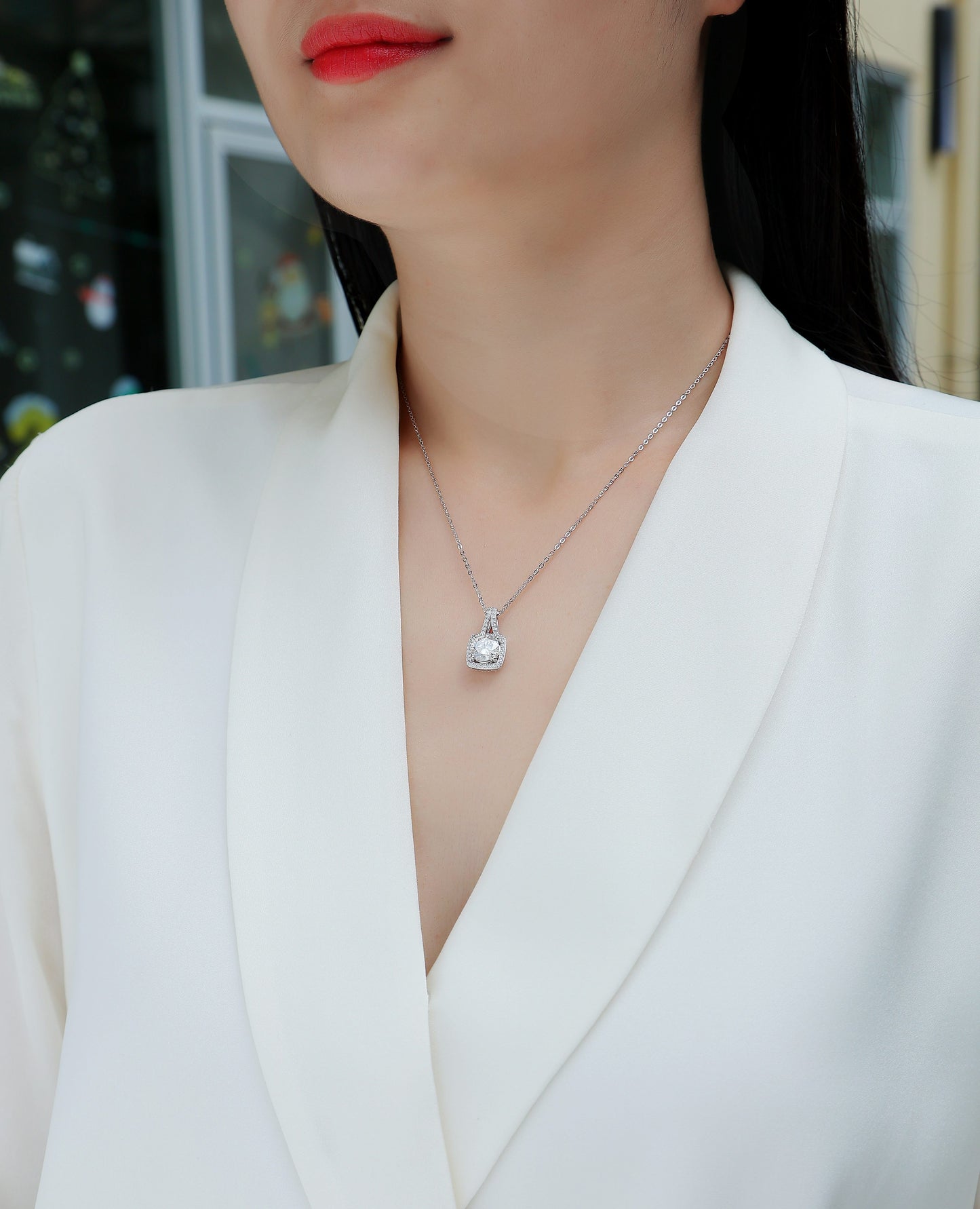 Small Square Diamond – Moissanite Pendant Necklace (S925 Silver, Platinum Plated)