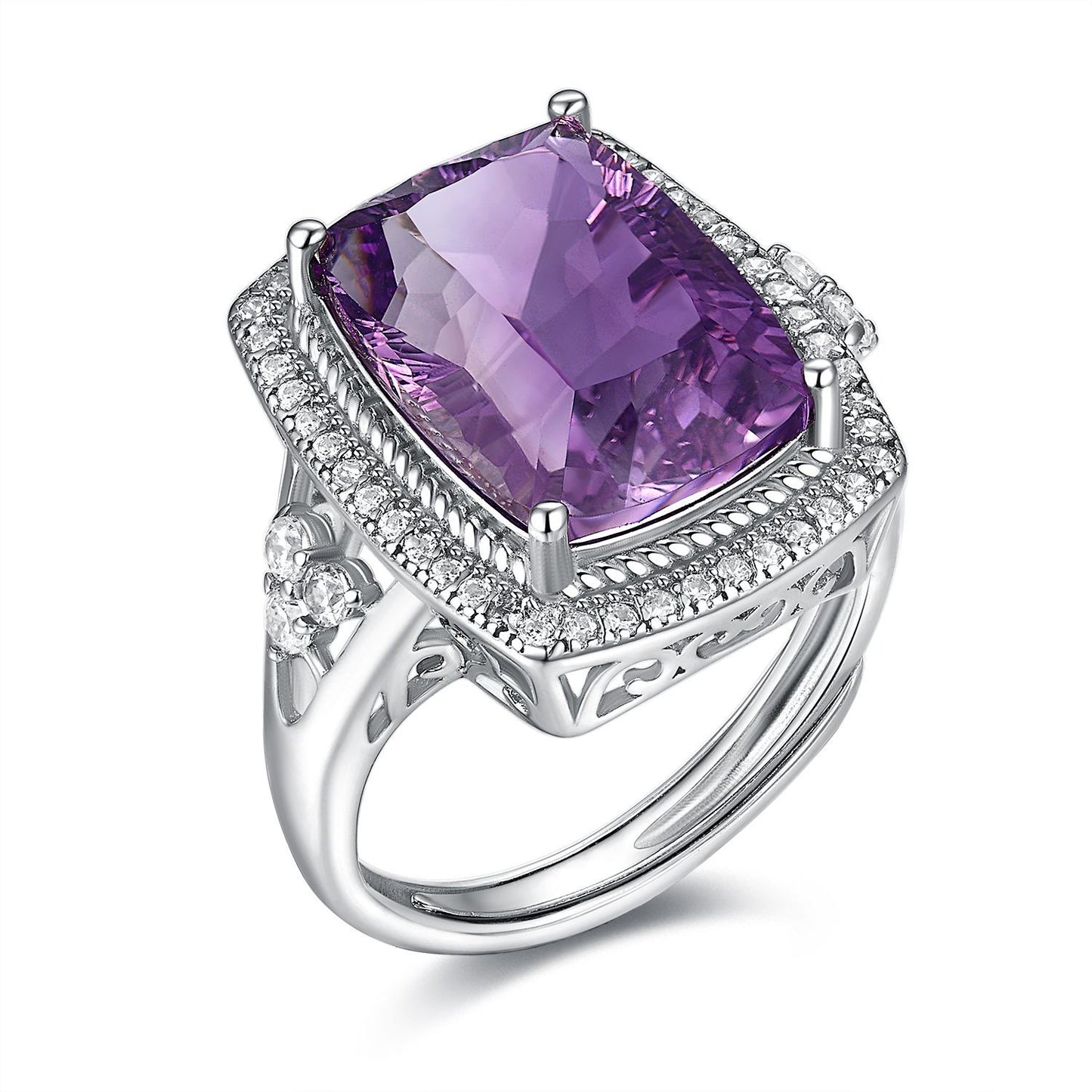 S925 Sterling Silver Natural Amethyst Cushion Cut Ring