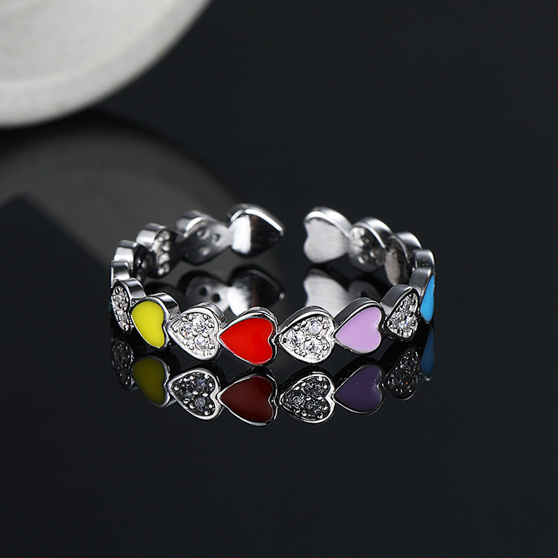 S925 Pure Silver Luxury Sweet Love Rainbow Enamel Ring Girl