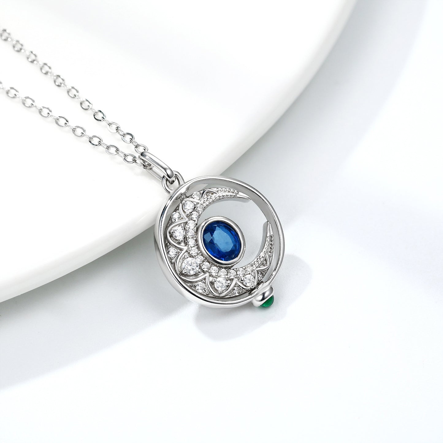 S925 Sterling Silver Natural Sapphire Rotating Moon Necklace