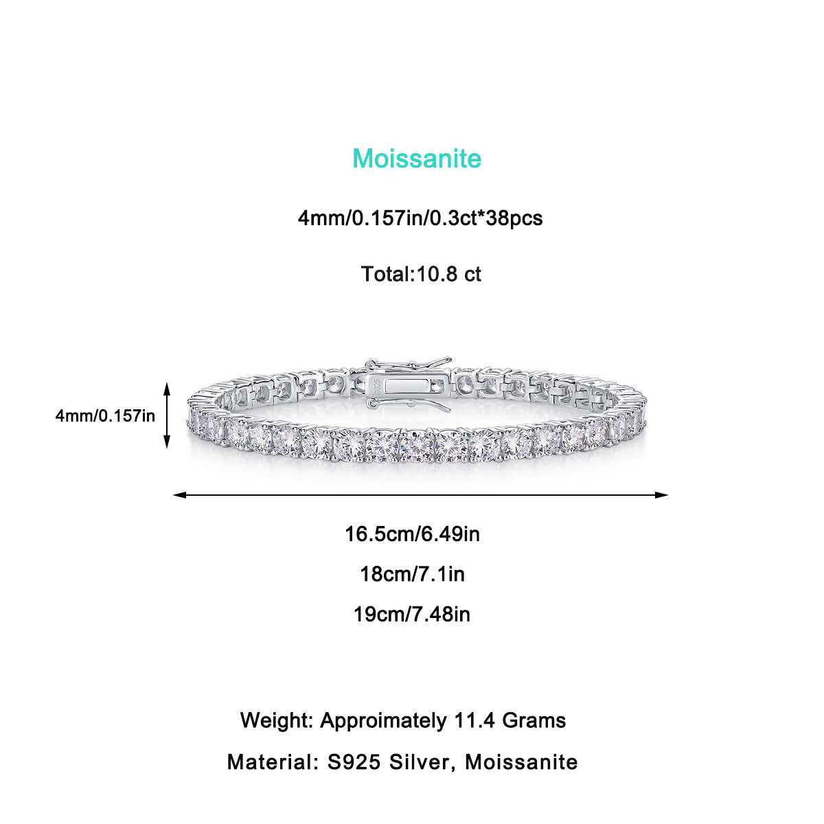 Moissanite Bracelet – S925 Silver, Platinum Plated