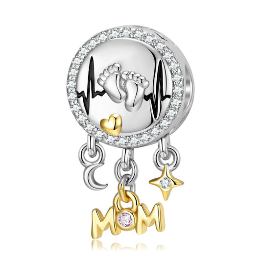 S925 Sterling Silver Heartbeat Footprint Beads Mother's Day Bracelet Necklace Diy Beads Silver Accessories