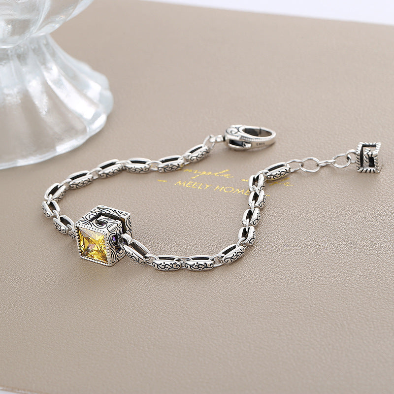 S925 Sterling Silver Letter G Purple Zircon Vintage Bracelet