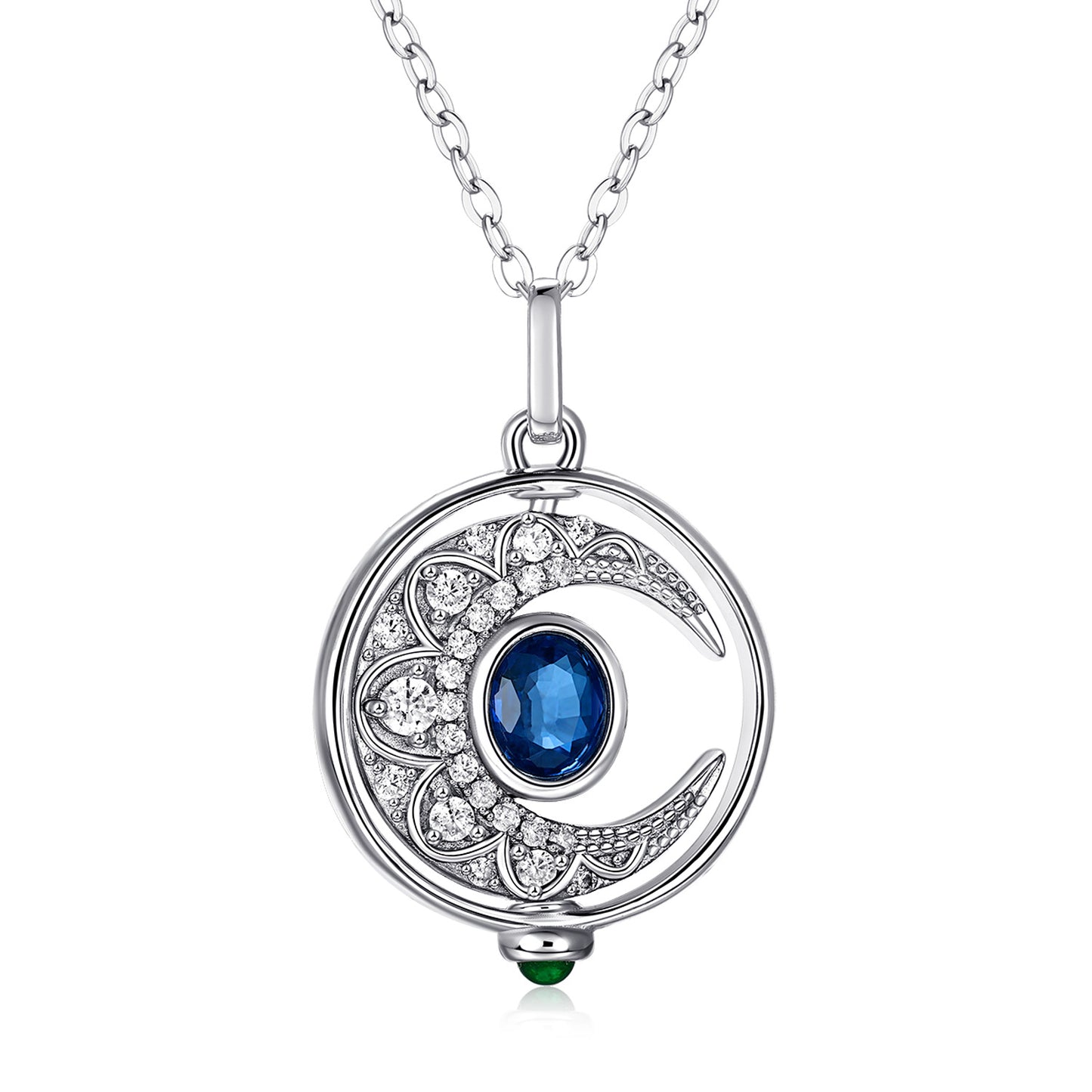 S925 Sterling Silver Natural Sapphire Rotating Moon Necklace