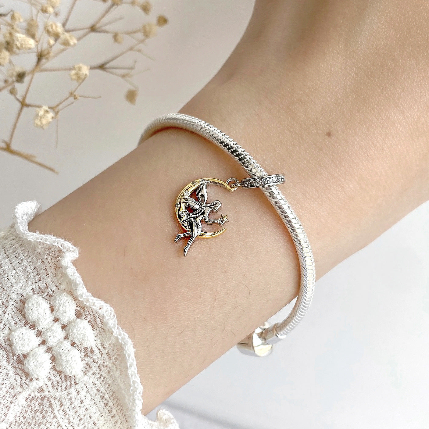 Moon Fairy S925 Sterling Silver Bracelet Pendant Starry Sky Beaded Diy Accessories