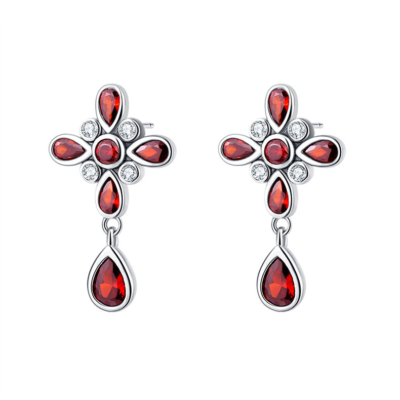 Nepalese Garnet Four Leaf Clover Set With Sterling Silver Earrings