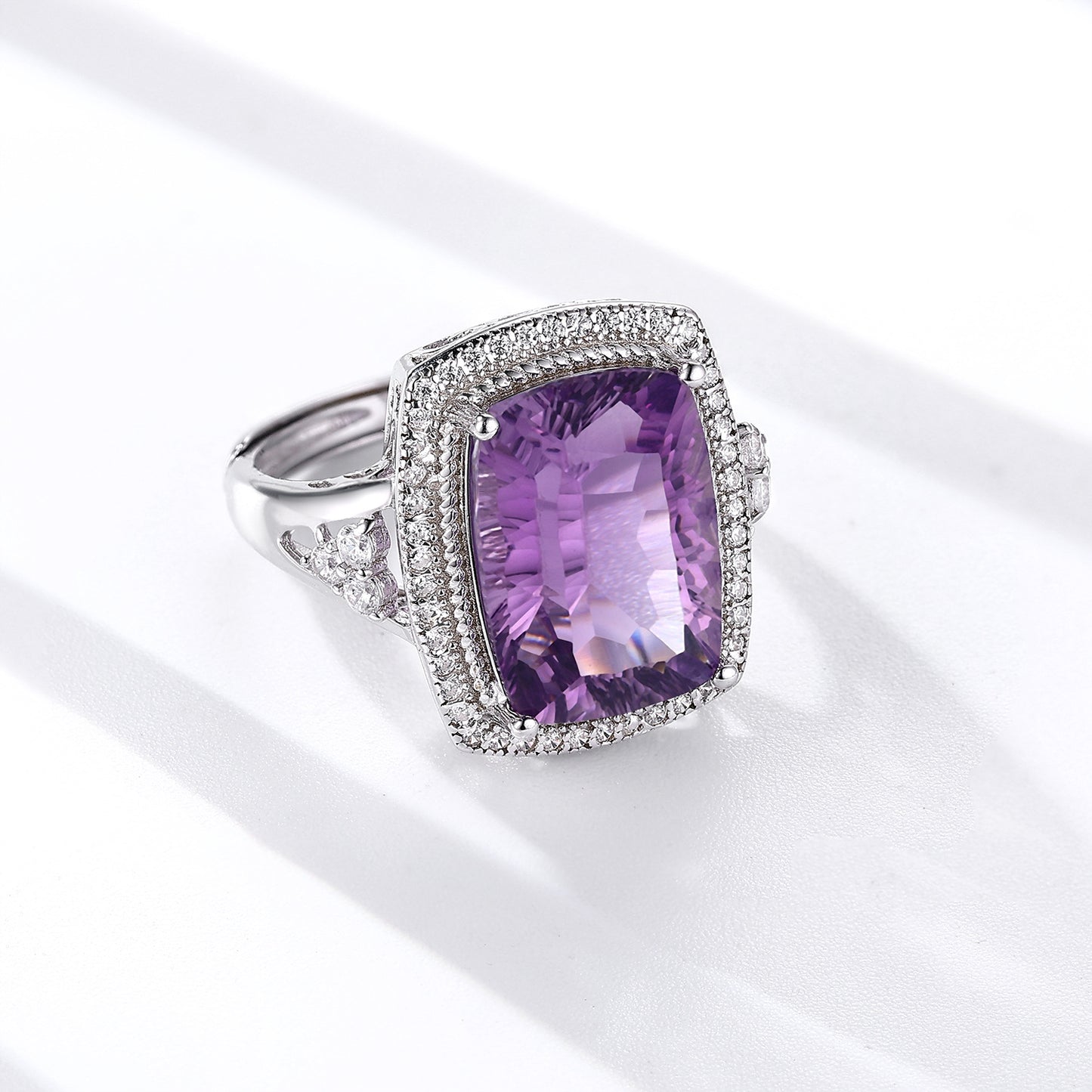 S925 Sterling Silver Natural Amethyst Cushion Cut Ring