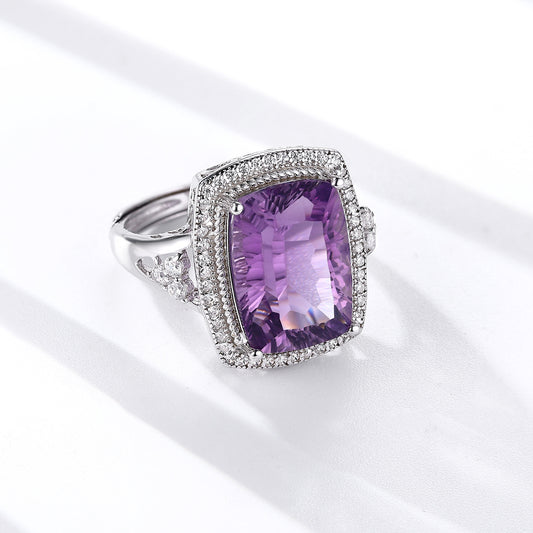 S925 Sterling Silver Natural Amethyst Cushion Cut Ring