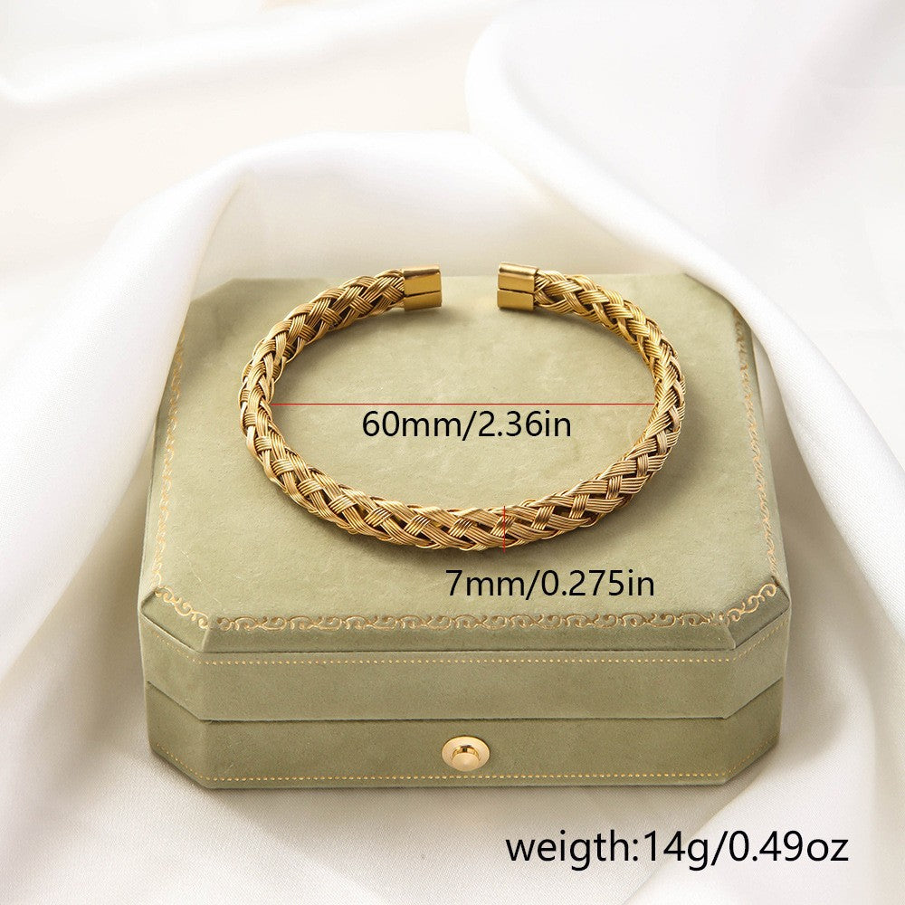 Irregular Knitted Cable-Design Open Womens Fashionable Stainless Steel Bracelet