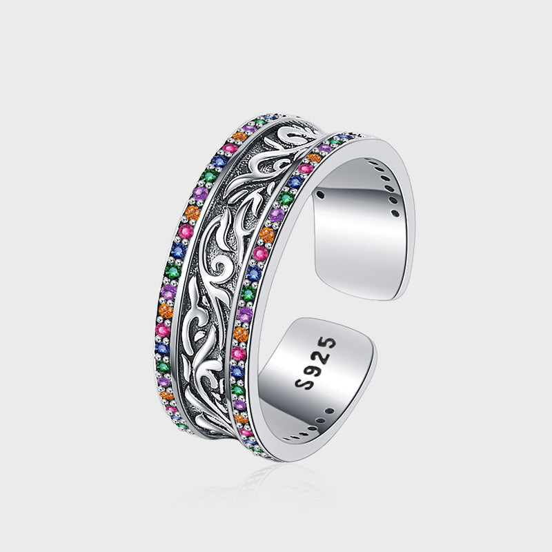 S925 Sterling Silver Retro Tang Grass Rattan Flower Ring
