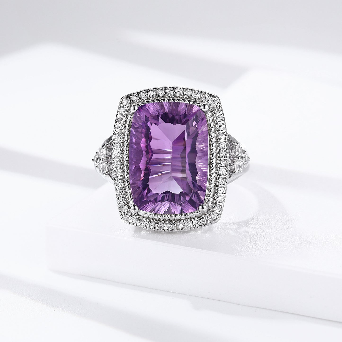 S925 Sterling Silver Natural Amethyst Cushion Cut Ring