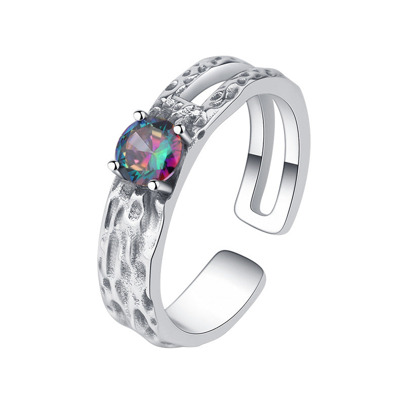 S925 Sterling Silver Colorful Zircon Hollow Irregular Texture Ring