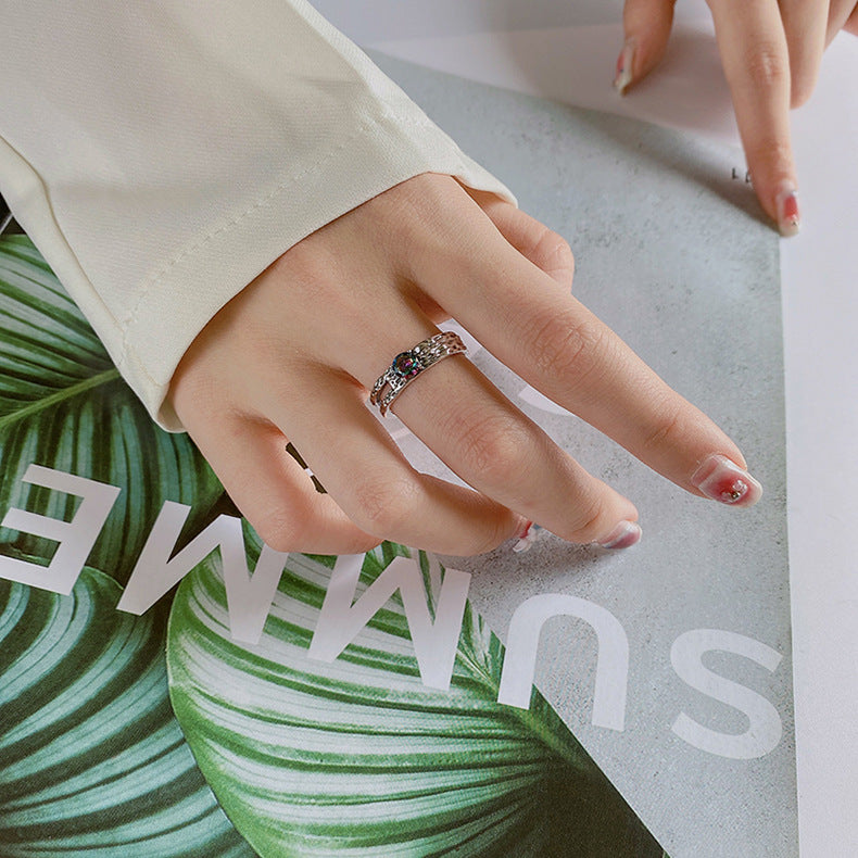 S925 Sterling Silver Colorful Zircon Hollow Irregular Texture Ring