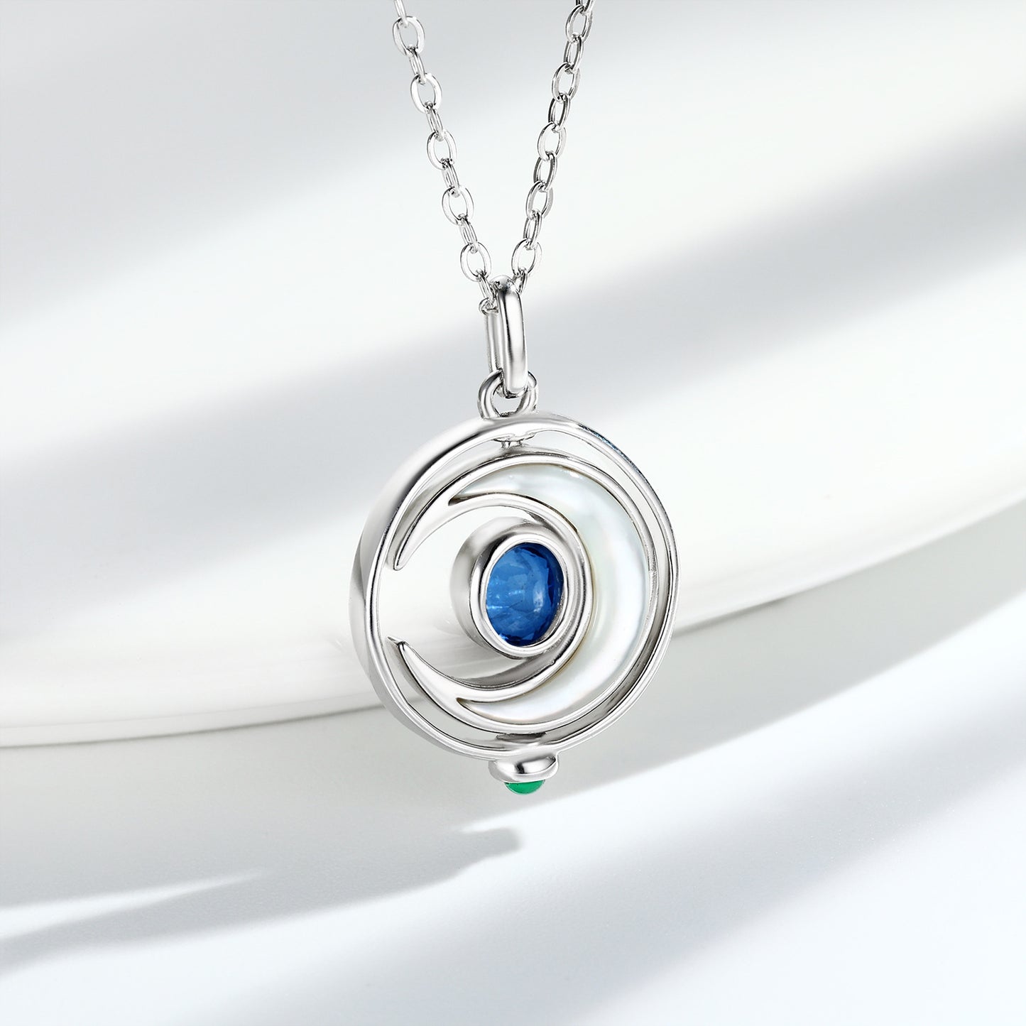 S925 Sterling Silver Natural Sapphire Rotating Moon Necklace