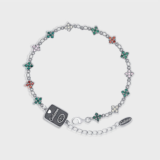S925 Sterling Silver Double Sided Colorful Zirconium Cross Flower Full Set Hanging Tag Bracelet Female