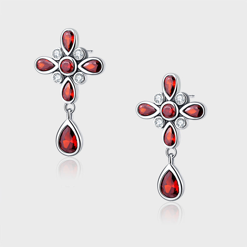 Nepalese Garnet Four Leaf Clover Set With Sterling Silver Earrings