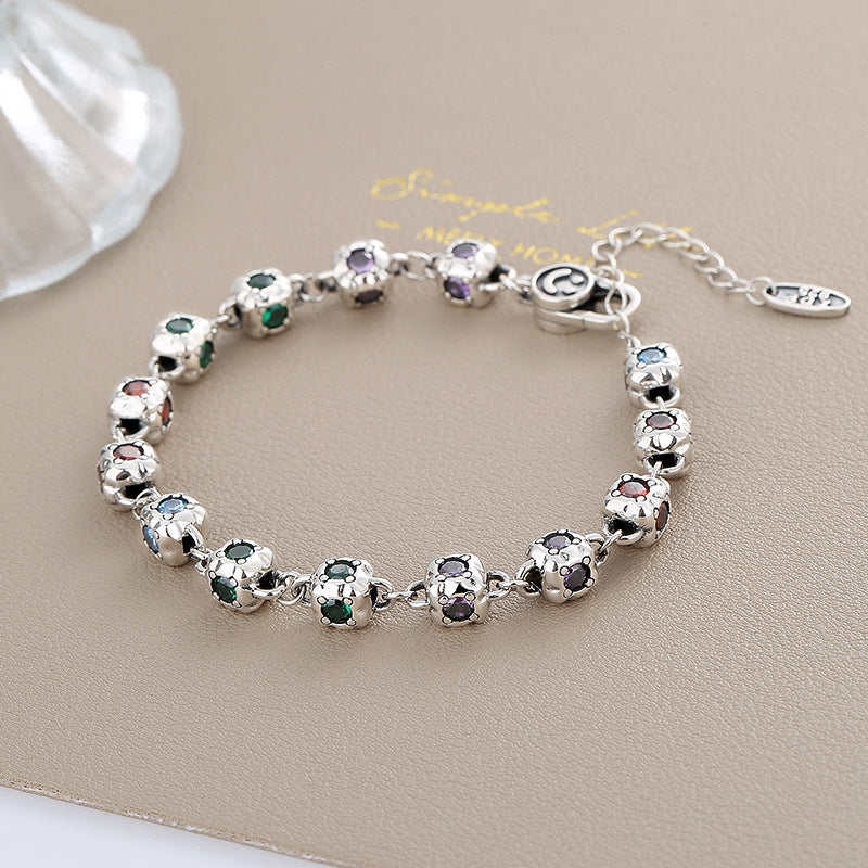 Rainbow Zircon Dice Bracelet for Women – S925 Sterling Silver Vintage Four-Sided Charm