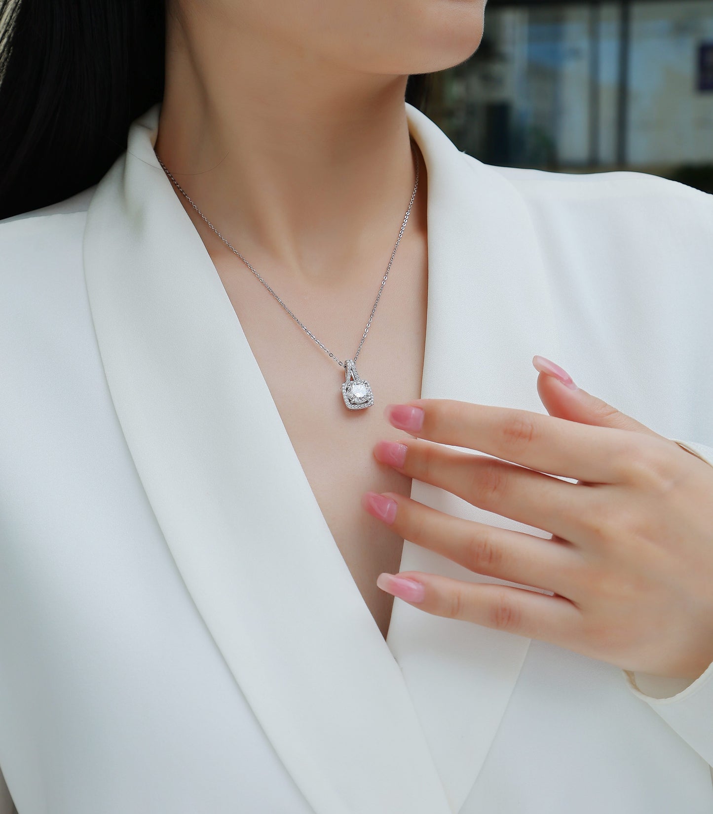 Small Square Diamond – Moissanite Pendant Necklace (S925 Silver, Platinum Plated)