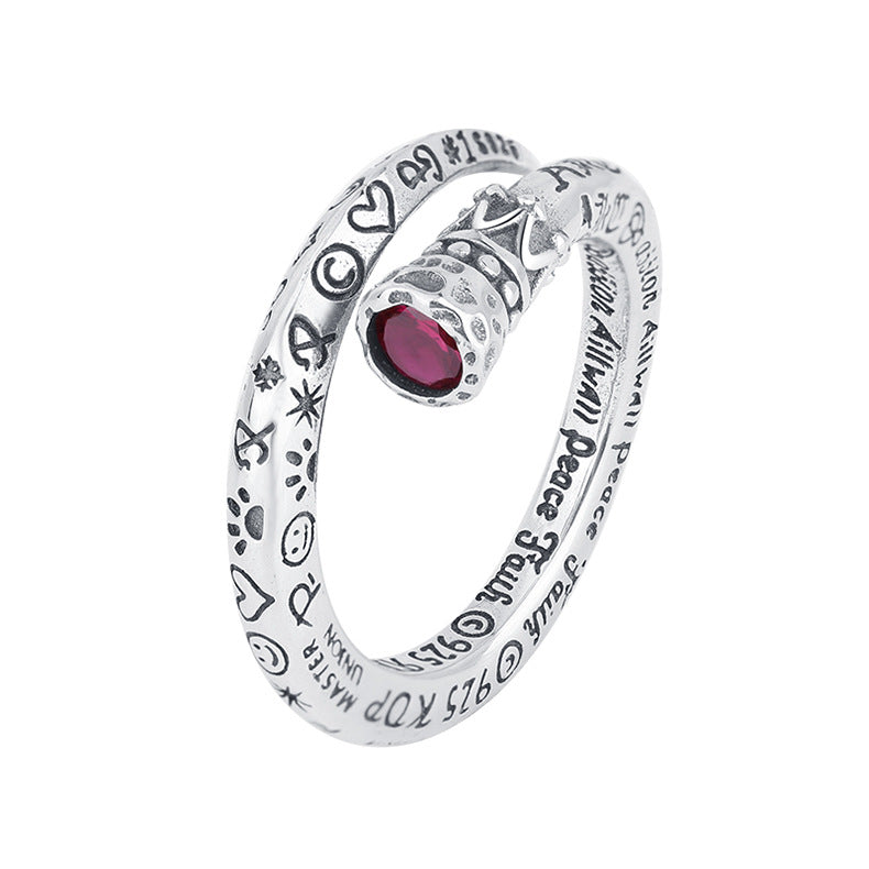 S925 Sterling Silver Heavy Industry Retro Scepter Nail Red Diamond Ring Girl