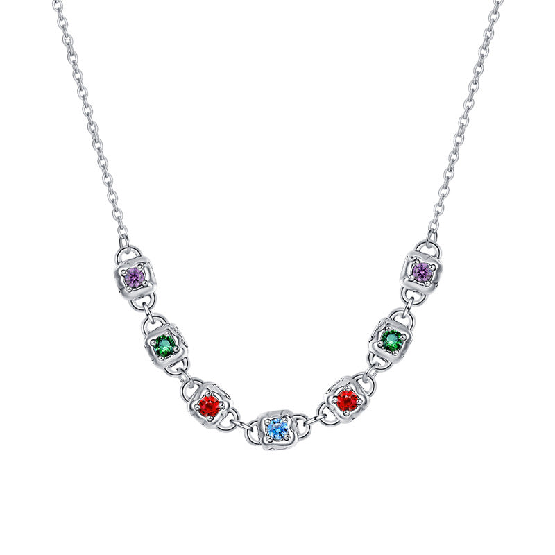 S925 Sterling Silver Fashion Colorful Square Dice Zircon Necklace Retro Heavy Industry Collar Chain