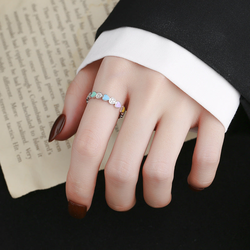 S925 Pure Silver Luxury Sweet Love Rainbow Enamel Ring Girl