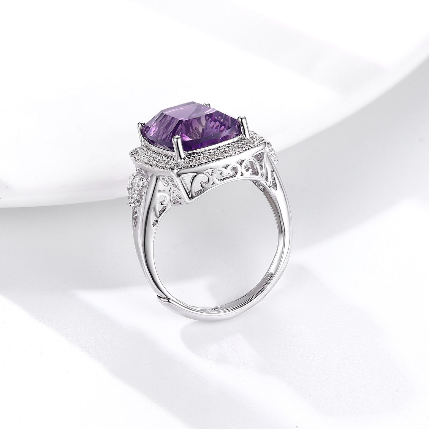 S925 Sterling Silver Natural Amethyst Cushion Cut Ring