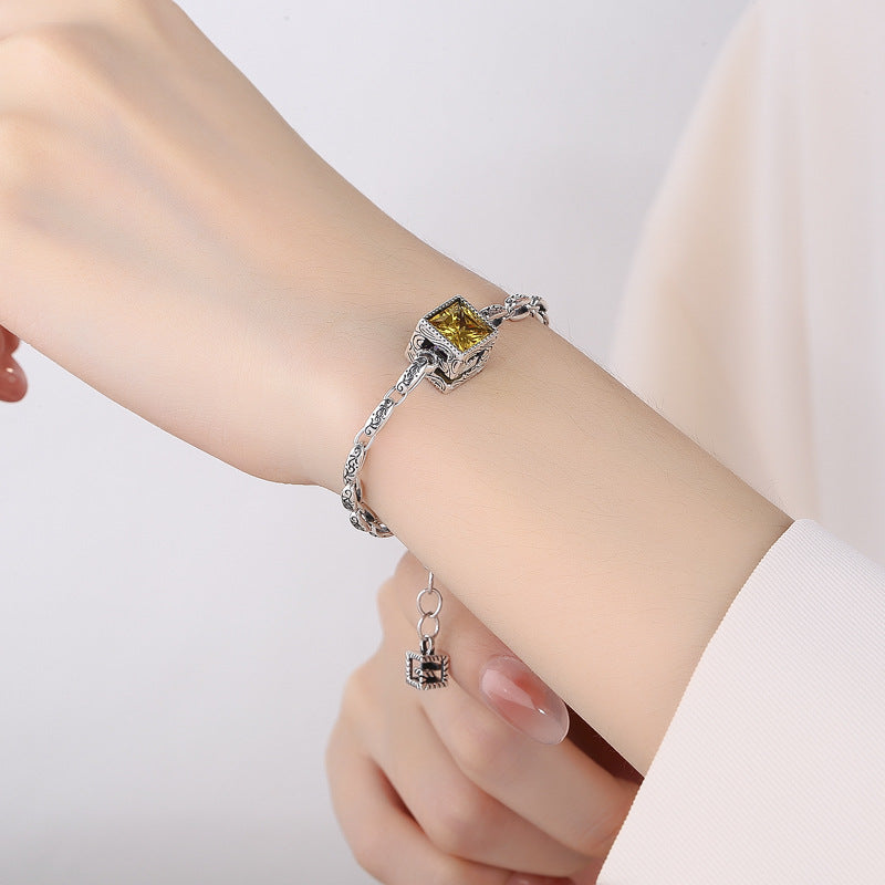 S925 Sterling Silver Letter G Purple Zircon Vintage Bracelet