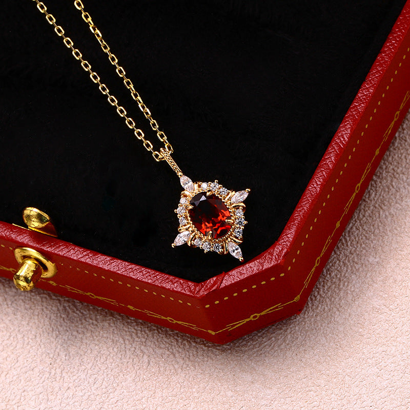 Retro Light Luxury Cross Star Garnet Pendant Necklace