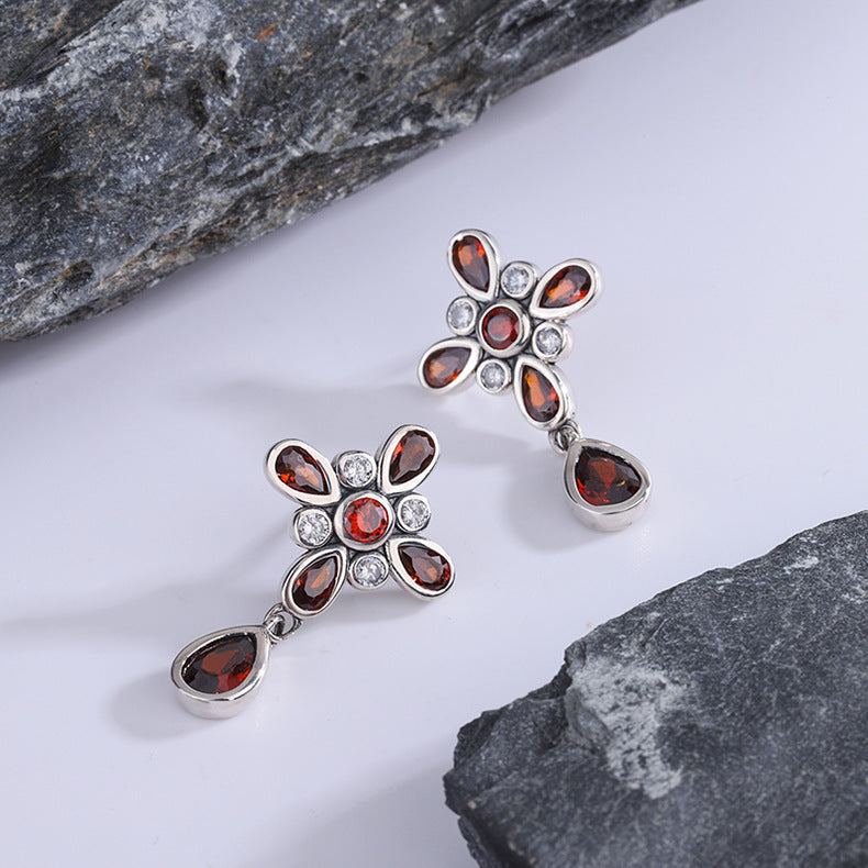 Nepalese Garnet Four Leaf Clover Set With Sterling Silver Earrings