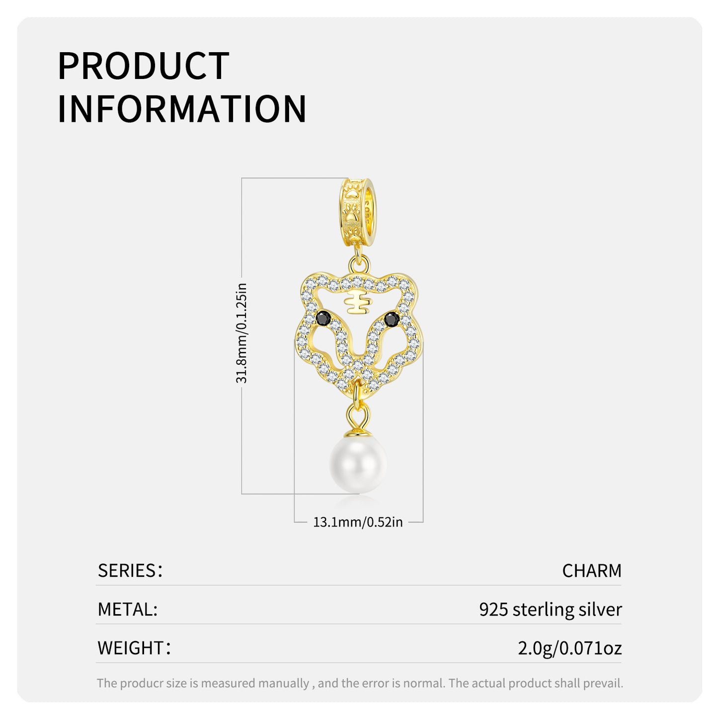 Pearl Tiger S925 Sterling Silver Gilded Pendant Women's Necklace Bracelet Diy Beaded Silver Accessories