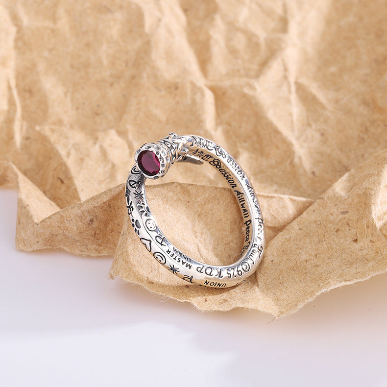 S925 Sterling Silver Heavy Industry Retro Scepter Nail Red Diamond Ring Girl