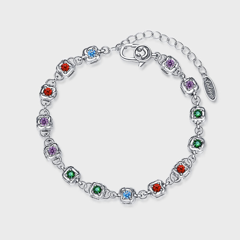 Rainbow Zircon Dice Bracelet for Women – S925 Sterling Silver Vintage Four-Sided Charm