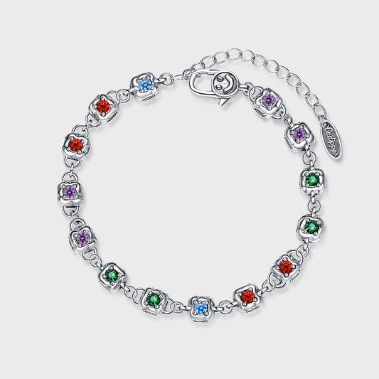 Rainbow Zircon Dice Bracelet for Women – S925 Sterling Silver Vintage Four-Sided Charm