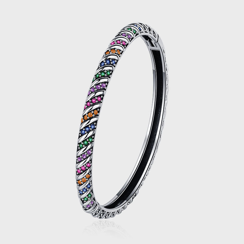 S925 Sterling Silver Geometric Colorful Tribal Elements Diamond Bracelet