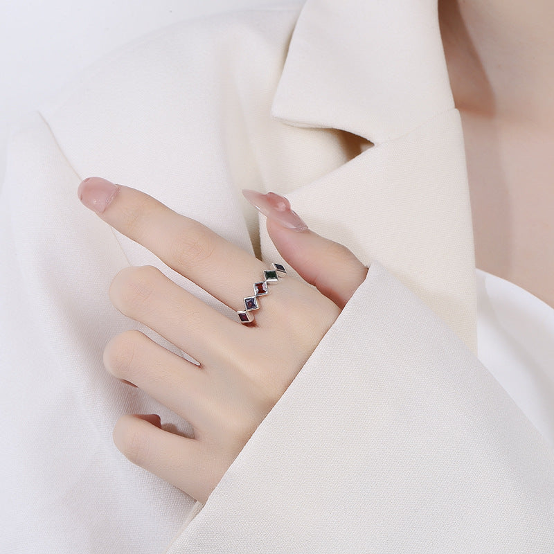 Small Design Geometric Rainbow Sterling Silver Inlaid Color Zircon Ring