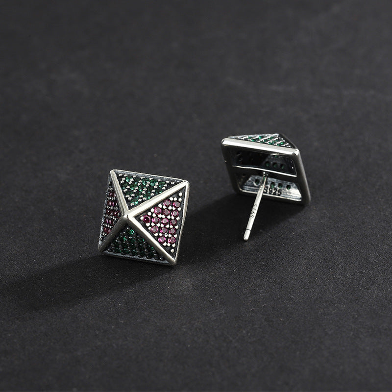 S925 Sterling Silver Pyramid Zircon Stud Earrings