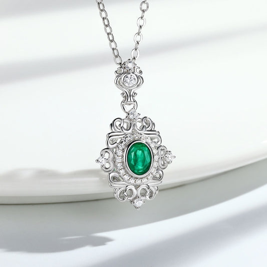 S925 Sterling Silver Natural Emerald Vintage Lace Necklace